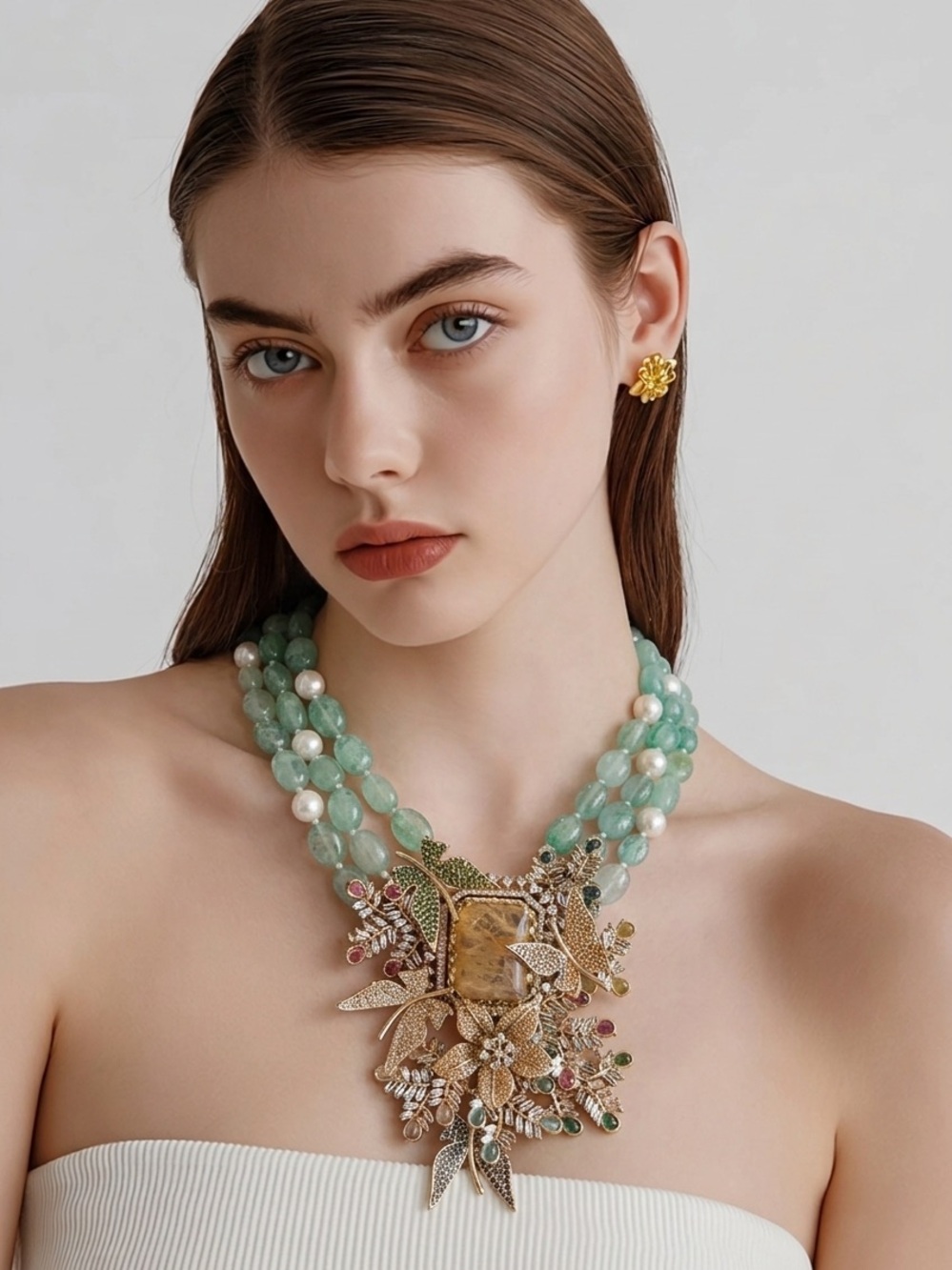 Gold and aqua Green Multi-Strand Statement Necklace by